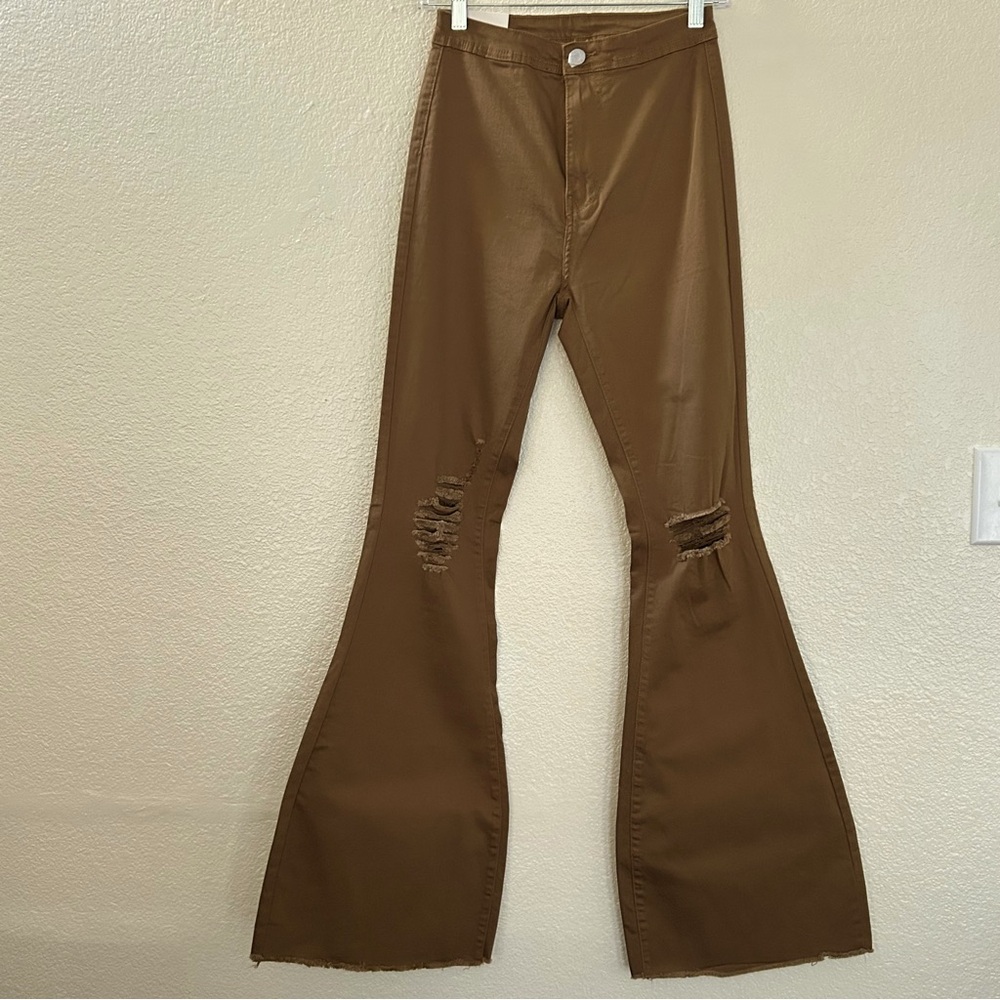 LOVER BRAND Fashion High Waist Distressed Bell Women Pants Brown Color Size M